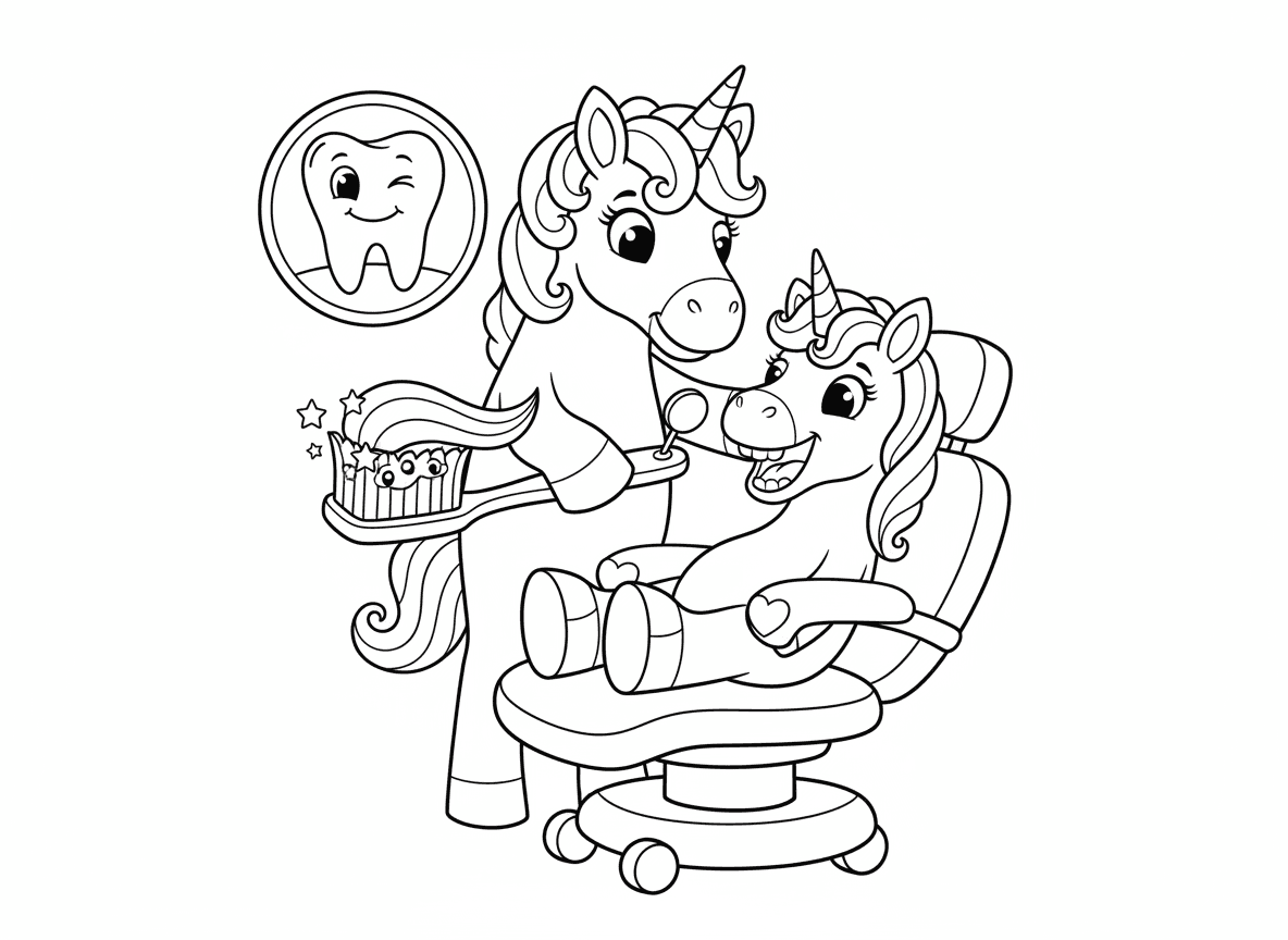 חד קרן רופא שיניים - חד קרן רופא שיניים בודק שיניים של חד קרן אחר, מראת רופא שיניים על הקרן, מברשת שיניים נוצצת, פוסטר חיוך שיניים, כיסא רופא שיניים, משחת שיניים קשת