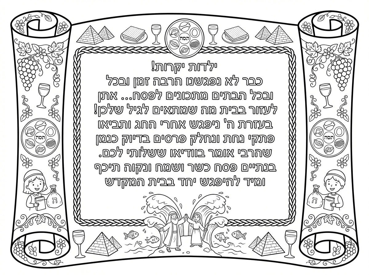 מכתב מהגננת לילדים 
כמו אגרת-מגילה

ילדות יקרות!
כבר לא נפגשנו הרבה זמן
ובכל הבתים מתכונּים לפסח...
גם אתן יכולות לעזור בבית
מה שמתאים לגיל שלכן!
בעזרת ה' ניפגש אחרי החג
ותביאו פתקי נחת
ונחלק פרסים
בדיוק כמן שהרבי אומר בוודיאו ששלחתי לכם.
בנתיים פסח כשר ושמח
ונקוה תיכף ומיד להיפגש יחד בבית המקדש