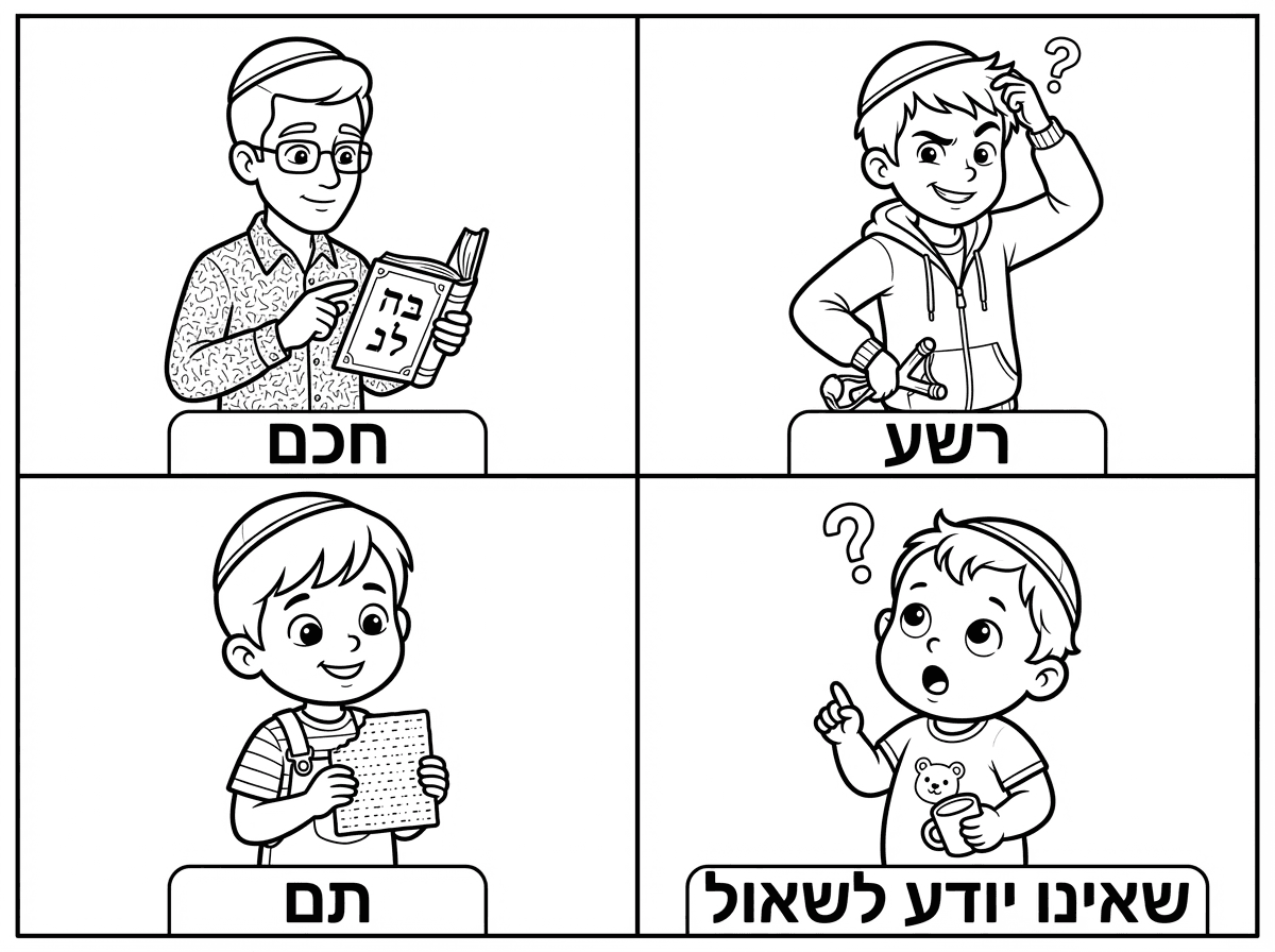 אתה יכול להכין לי דף צביעה של חכם, רשע, תם ושאינו יודע לשאול, שמתחת לכל אחד יהיה כתוב בעברית מים הוא חכם, רשע, תם או שאינו יודע לשאול, ושהרשע לא יהיה מפחיד, ושכולם יהיו עם כיפה. ושהיו מסודרים שתיים למעלה, שתיים למטה במסגרת שחורה.