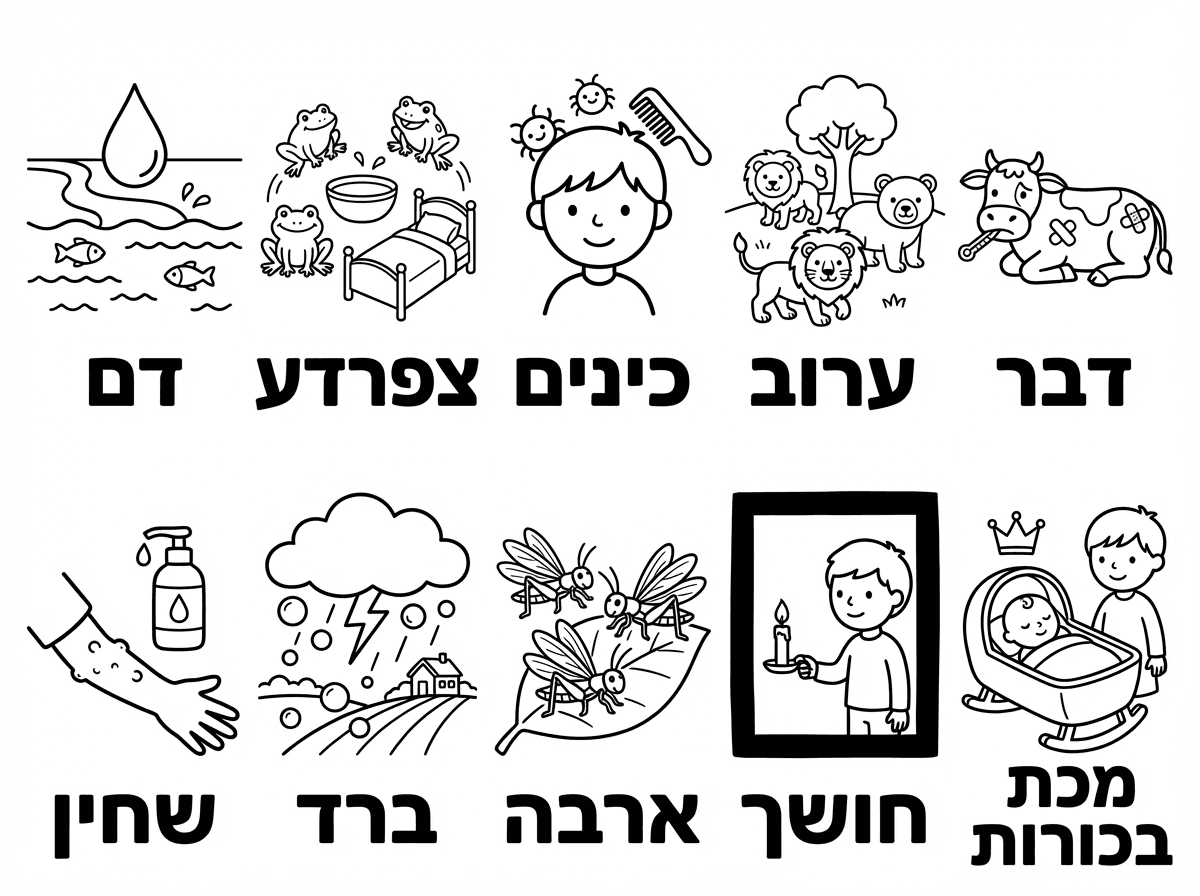 אתה יכול לעשות לי דף צביעה של עשרת המכות שבכל מכה יהיה את השם של המכה בעברית, ושבכל מכה יהיה איור של המכה.
