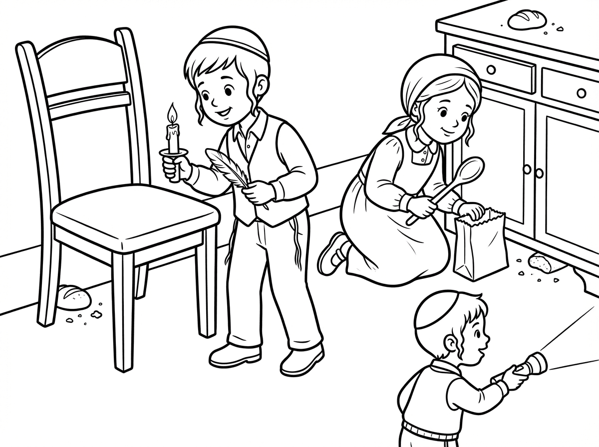 ישנה אפשרות לדף צביעה שהילדים בלבוש דתי עורכים בדיקת חמץ