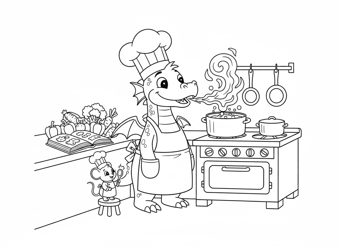 דרקון שף מבשל במטבח - דרקון שף במטבח מסעדה, כובע שף וסינר, משתמש בנשיפת אש לבישול מושלם, סירים ומחבתות, ספר מתכונים, ירקות על הדלפק, עכבר סו-שף זעיר