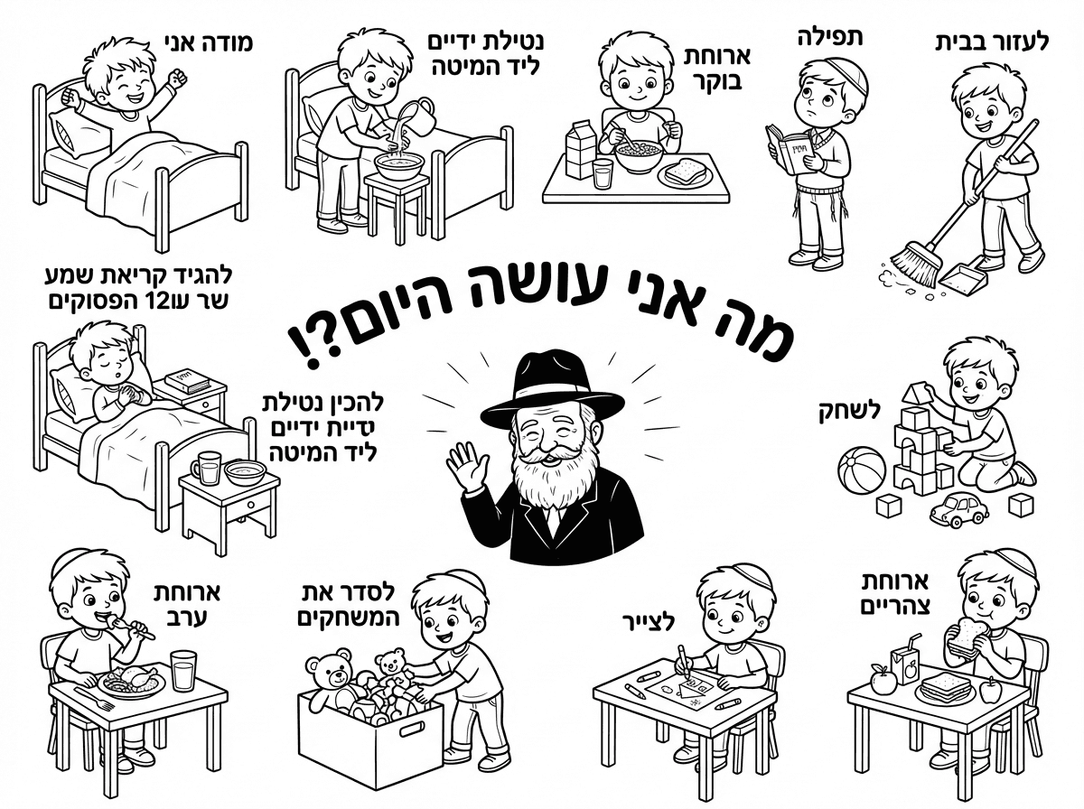 שלא יהיה בכלל דובים וחיות טמאות

כן לשלב תמונה של הרבי מחב״ד מחייך

סדר יום
מה אני עושה היום?!
מודה אני
נטילת ידיים ליד המיטה
ארוחת בוקר
תפילה
לעזור בבית
לשחק
ארוחת צהריים
לצייר
לסדר את המשחקים
ארוחת ערב
להכין נטילת ידיים ליד המיטה
להגיד קריאת שמע ו12 הפסוקים