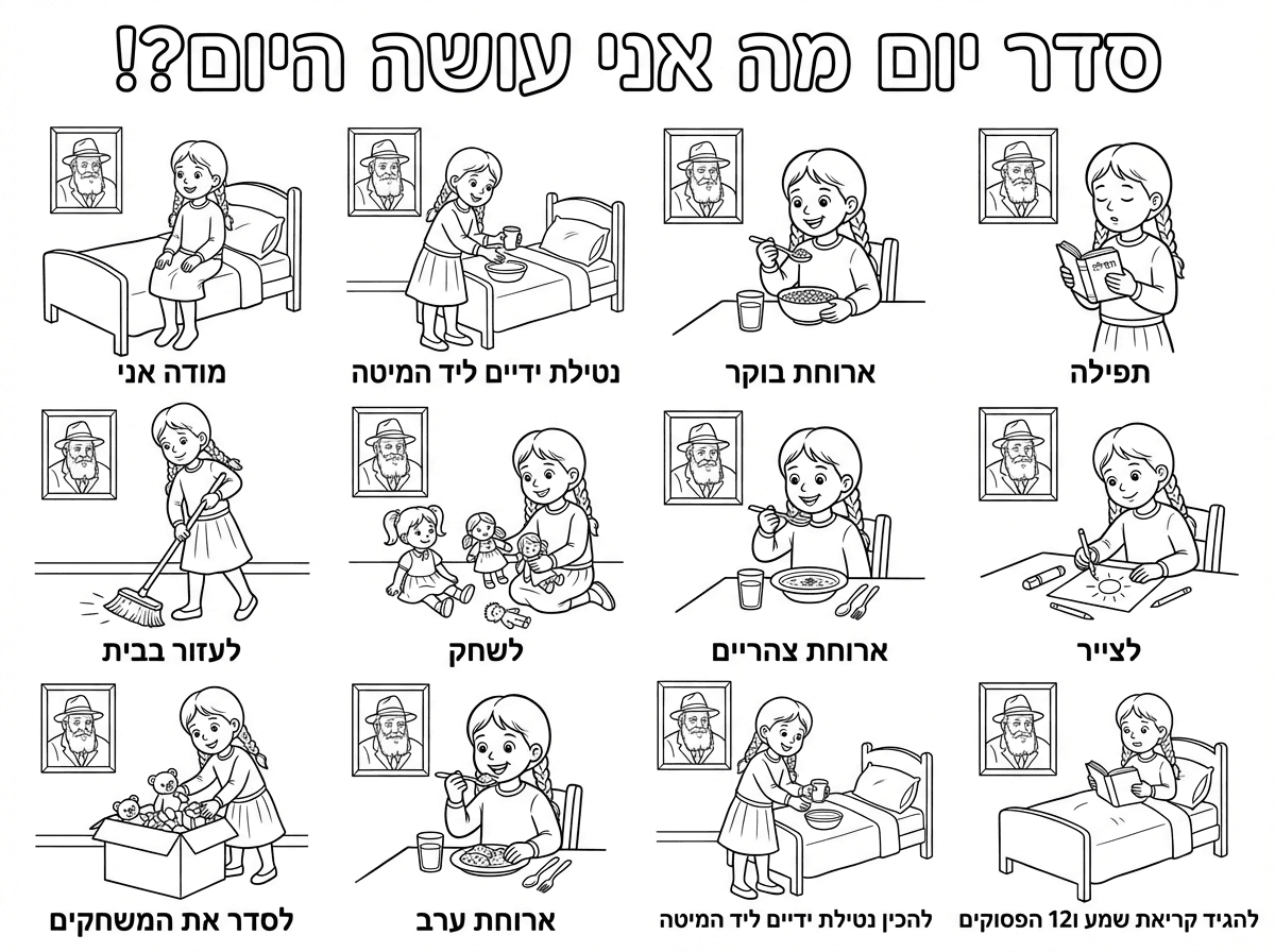 שלא יהיה בכלל דובים וחיות טמאות

כן לשלב תמונה של הרבי מחב״ד מחייך

סדר יום
מה אני עושה היום?!
מודה אני
נטילת ידיים ליד המיטה
ארוחת בוקר
תפילה
לעזור בבית
לשחק
ארוחת צהריים
לצייר
לסדר את המשחקים
ארוחת ערב
להכין נטילת ידיים ליד המיטה
להגיד קריאת שמע ו12 הפסוקים

הכל ילדה עם חולצה ארוכה
שמכסה את המרפק
חצאית שמכסה את הברכיים
גרביון לבן
וצמות