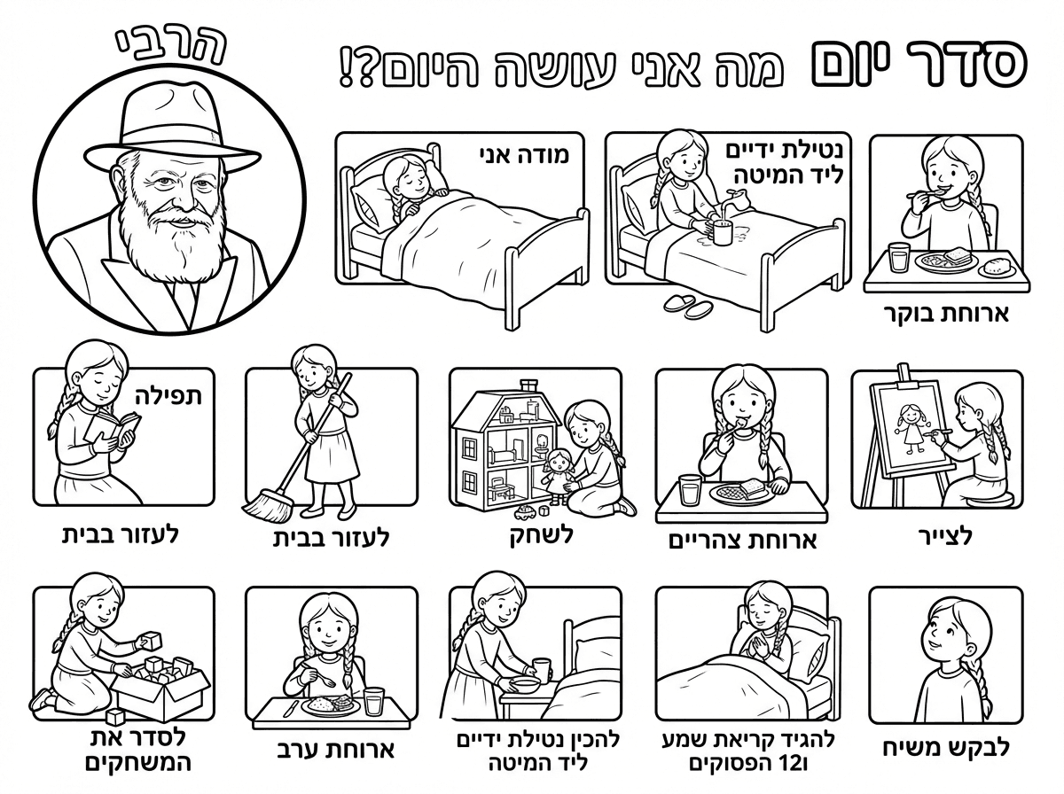 רק תמונה אחת של הרבי
בצד שמאל של הדף

ילדה שוכבת מתחת לשמיכה במודה אני

נטילת ידיים עדין יושבת מתחת לשמיכה עוד לא קמה מהמיטה

לסדר את המשחקים 
שיהיה רק קוביות בלי חיות ובלי דובי

להוסיף
לבקש משיח