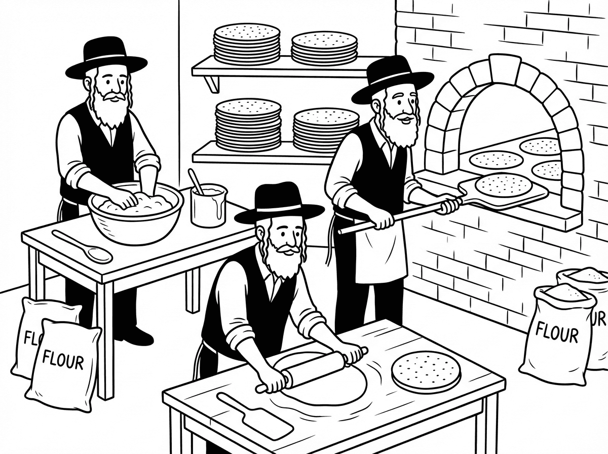 דף צביעה של מאפית מצות עבודת יד מצות עגולות ושאנשי הצוות במאפיה חרדים