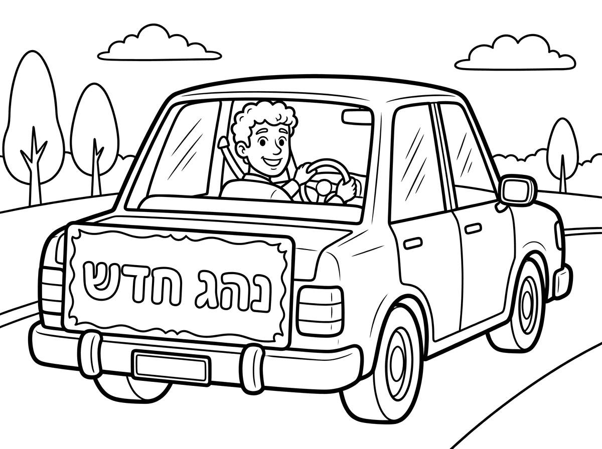 תיור של בחור צעיר נוסע על רכב ויש לו מאחורה ולא על החלון שלט שרשום נהג חדש אבל יפה.