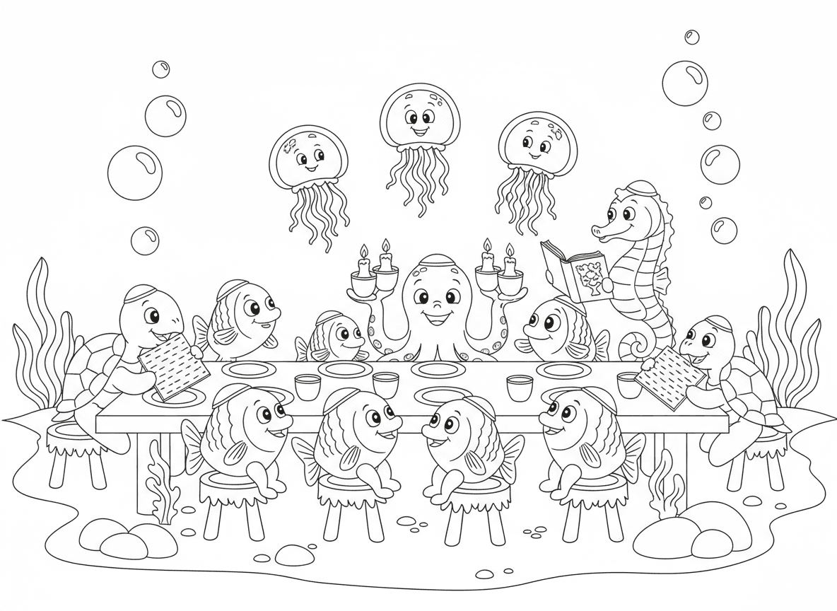 ליל הסדר מתחת לים - דגים יושבים סביב שולחן סדר על קרקעית האוקיינוס, צבי ים אוכלים מצות, תמנון מחזיק ארבע כוסות בארבע זרועות, מדוזות כנרות מרחפים, וסוסון ים קורא את ההגדה