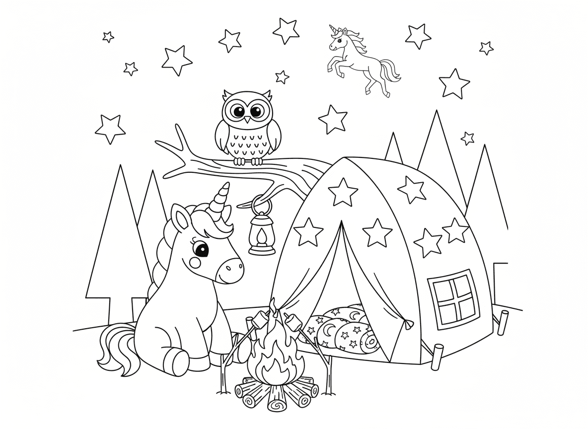 חד קרן מחנאות תחת כוכבים - חד קרן מחנאות ביער, אוהל מעוטר כוכבים, מדורה עם מרשמלו, שק שינה, פנס על הקרן, ינשוף חבר על עץ, קבוצת כוכבים בצורת חד קרן