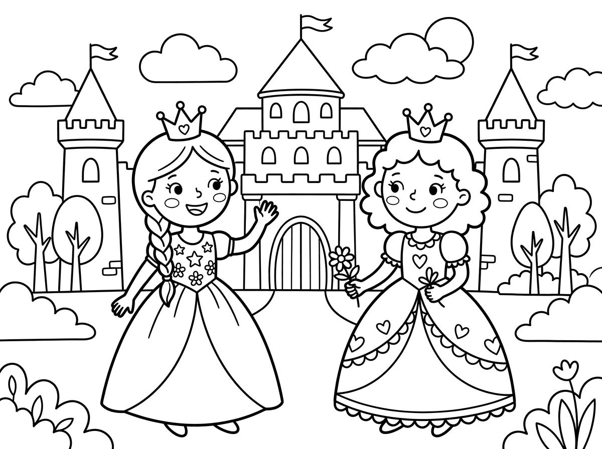 צור לי דף צביעה עם נסיכות צנועות על רקע הארמון