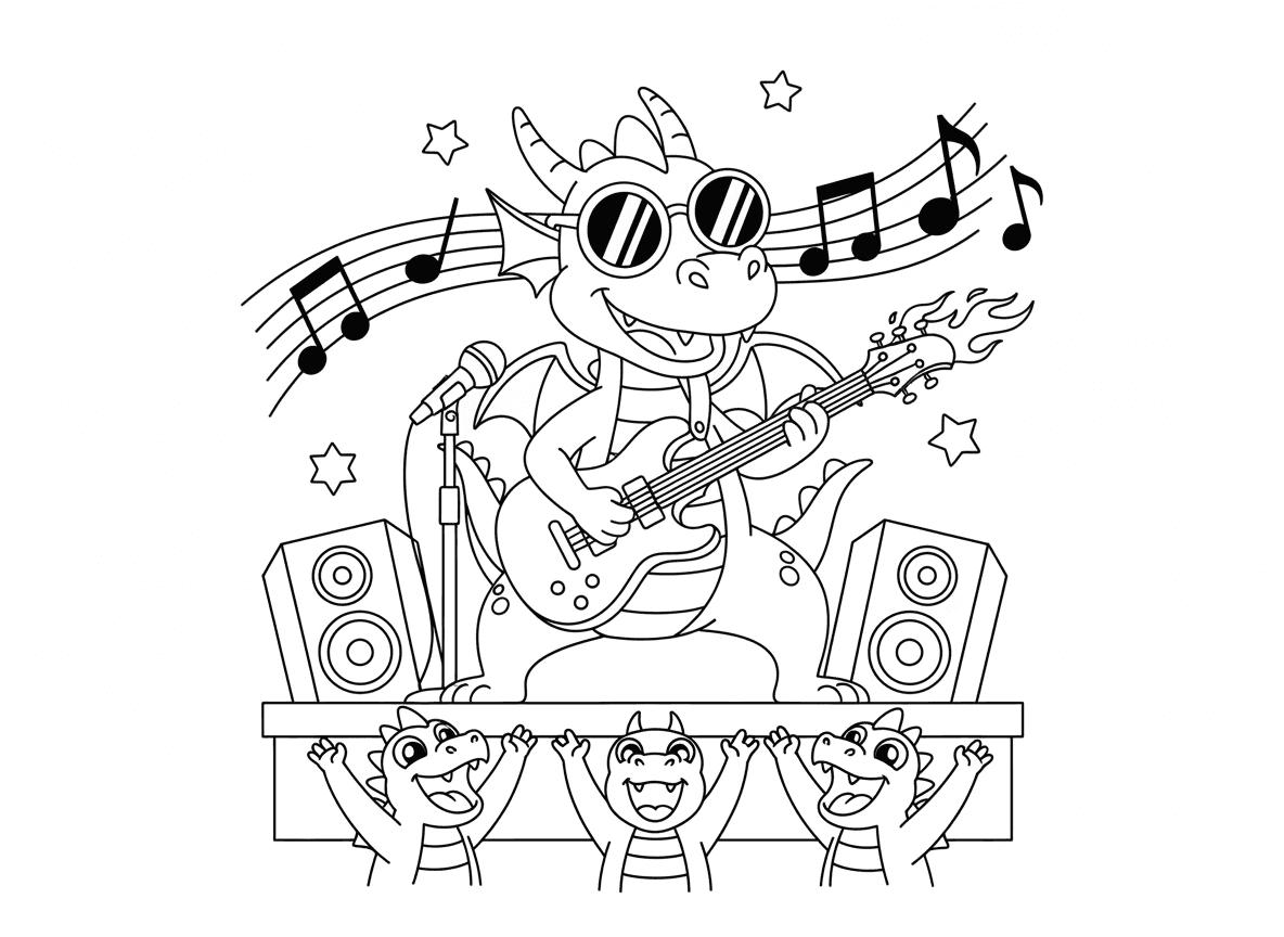 דרקון מוזיקאי מנגן בגיטרה - דרקון מגניב מנגן בגיטרה חשמלית על במה, משקפי שמש, תנוחת רוק סטאר, תווי מוזיקה עפים סביב, קהל דרקונים קטנים מריע, רמקולים ומיקרופון