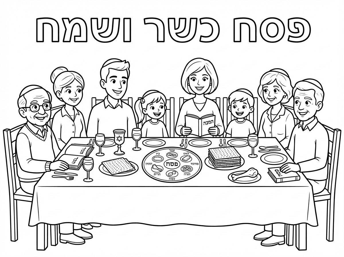 ציור של שולחן ליל הסדר עם כל המשפחה מסביב 
עם הכיתוב פסח כשר ושמח