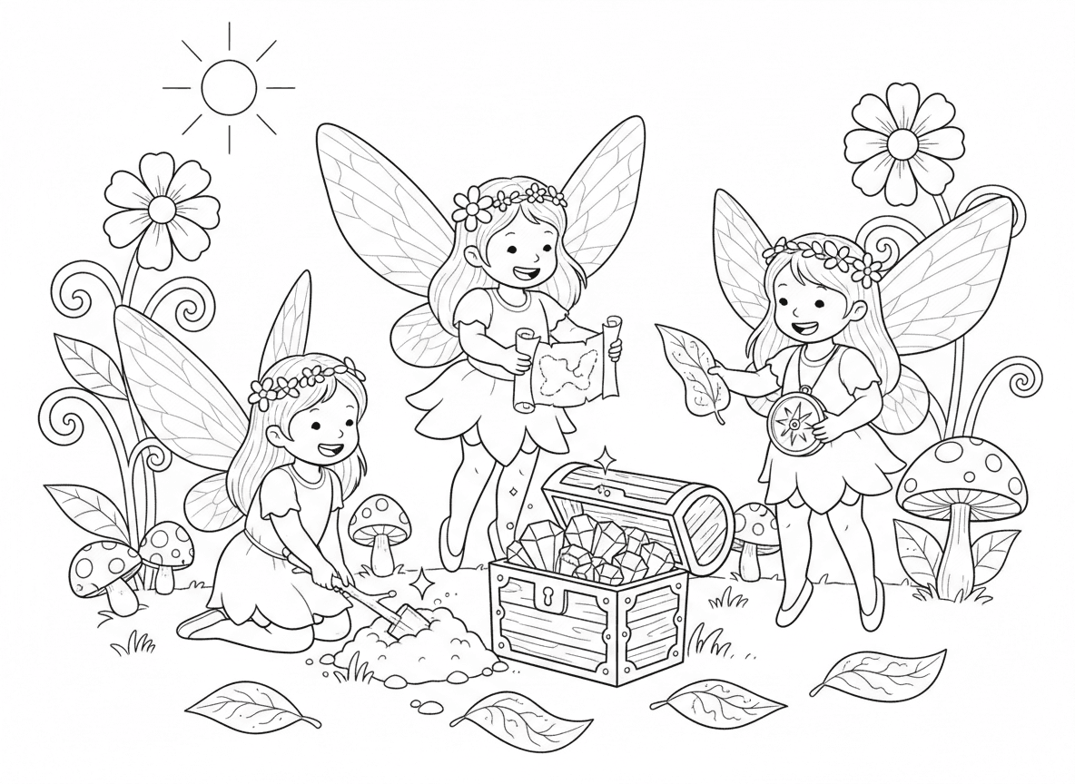 ציד אוצרות של פיות - קבוצת פיות בציד אוצרות, עוקבות אחרי מפה זעירה, אחת חופרת עם את ענף, מוצאות ארגז אבני חן נוצצות, רמזים על עלים, מצפן, פרצופים נרגשים