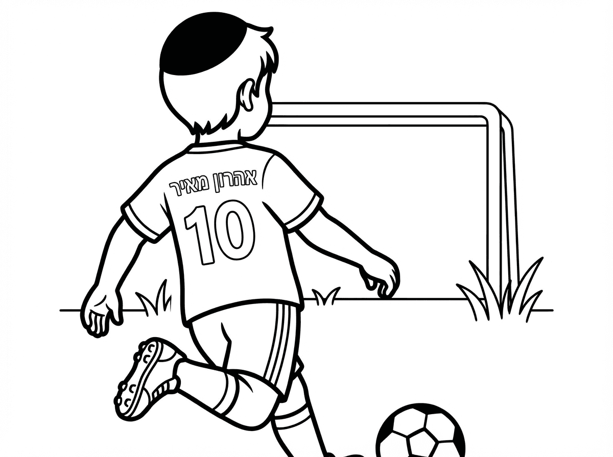 גב של ילד חרדי עם כיפה שחורה ללא פיאות ארוכות שחקן כדורגל שלובש חולצת שחקן ורשום עליה הספרה 10 והשם אהרון מאיר