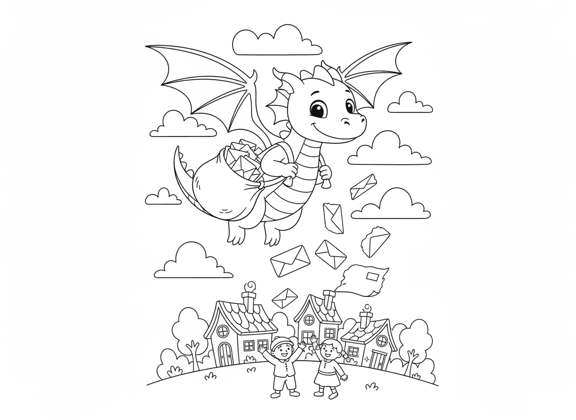 דרקון דוור מחלק מכתבים - דרקון דוור עף ומחלק מכתבים מהשמיים, תיק דואר על כתף, מכתבים מרחפים למטה לבתים, כפריים מנופפים, כמה מכתבים מעט חרוכים