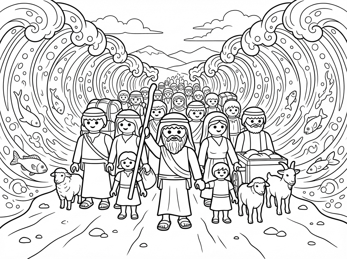 בוא נעשה ציור של פליימוביל של יציאת מצרים. עם משה, ים סוף וכל עם ישראל.