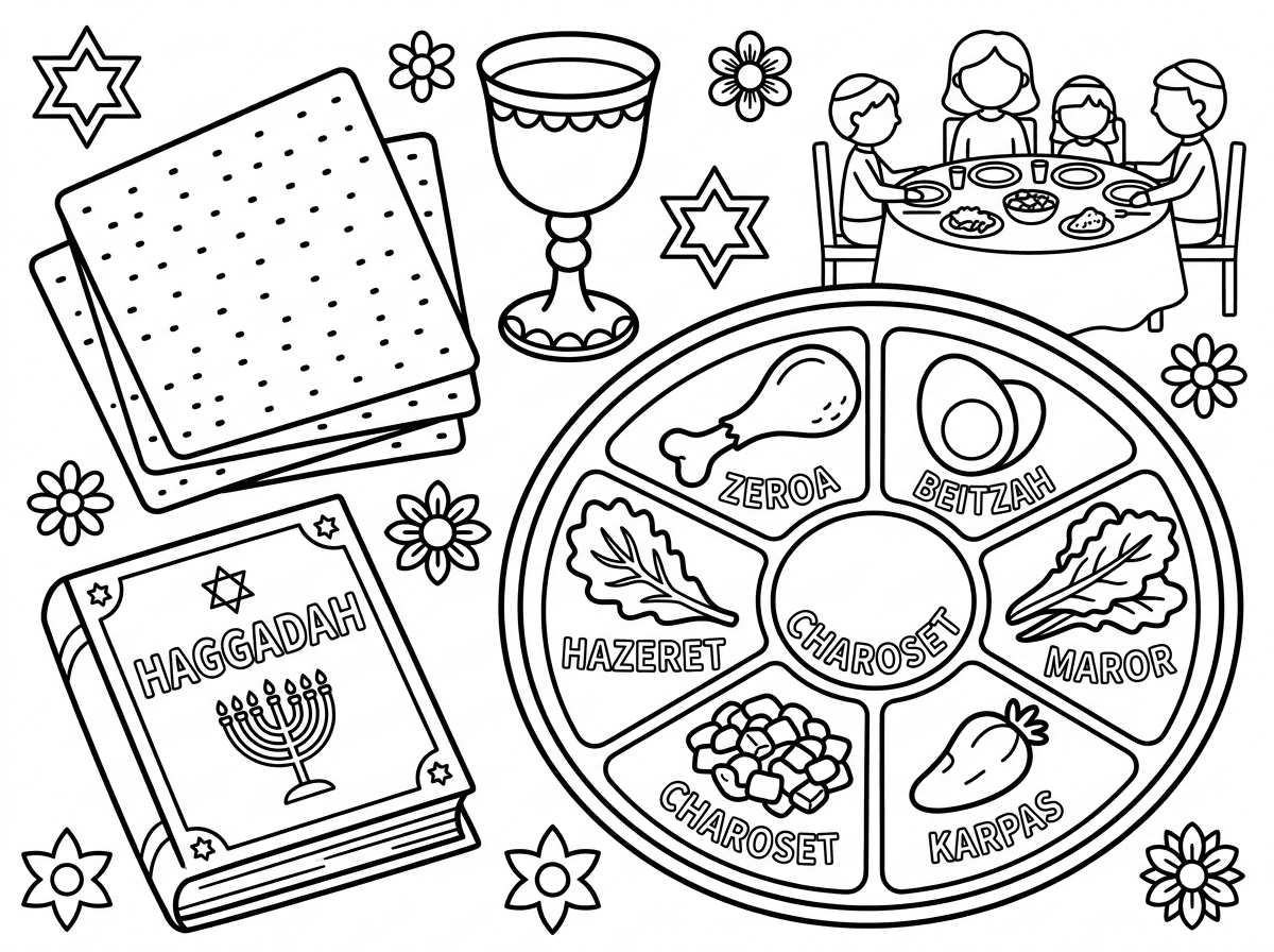 הי אני רוצה שתייצר לי דפי צביעה שקשורים לפסח, ללא דמויות. 
בכחול לבן