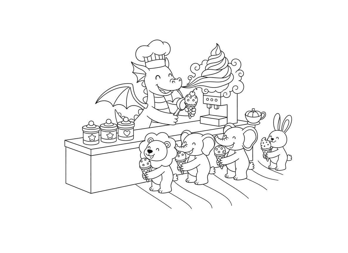 חנות גלידה של דרקון - דרקון מנהל חנות גלידה, משתמש בנשיפה קרה להקפיא את הגלידה, טעמים רבים, תור ארוך של לקוחות חיות, גביעי וופל, סוכריות, דובדבן למעלה