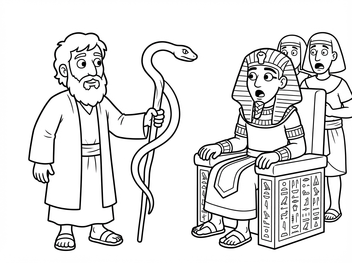 אני רוצה דף צביעה של משה רבנו מחזיק את המטה שהופך לנחש, בזמן שפרעה יושב המום על כס המלכות וכל המשרתים שלו בהלם