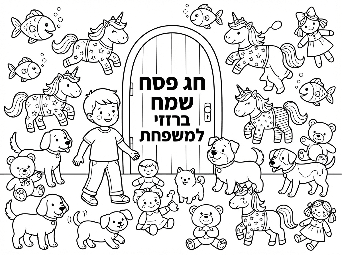 יש לו דגים מלא חת קרנים מלא חת דגים מסוים שלא יודעים עם מלא כלבים, עם מלא דובונים חמודים, עם מלא בובות, עם מלא חת קרנים עם פיג'מה ויש ילד שכתוב על הדלת חג פסח שמח למשפחת ברזי. ברזי.