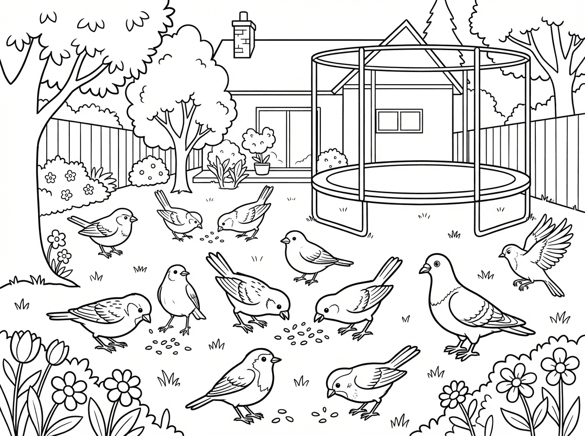 בבקשה דף צביעה של ציפורים שאוכלות המדשא בחצר. הרבה ציפורים
נהנות מהחצר של בית פרטי. החצר יפה עם דשא וטרמפולינה