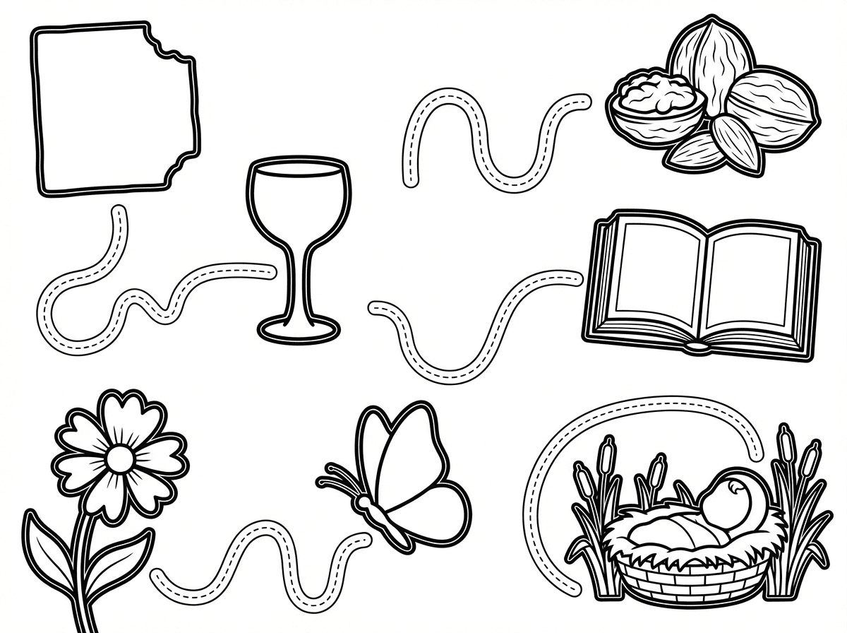 דף עבודה העברת קו 
צלליות לפריטים של פסח 

מצה
כוס יין גביע
אגוזים 
הגדה 
פרח 
פרפר 
משה בתיבה