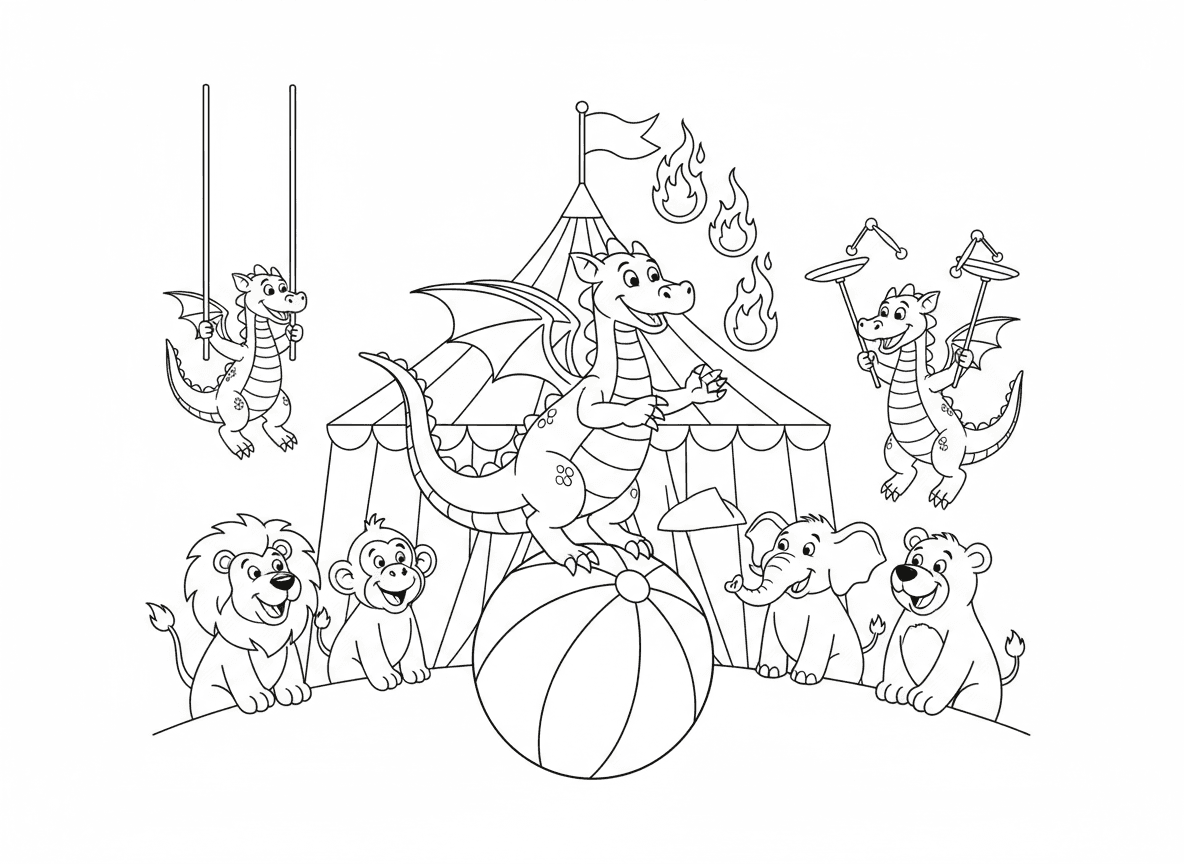 דרקון קרקסן מופיע בקרקס - דרקון מופיע בקרקס, מלהטט בכדורי אש, מתאזן על כדור גדול, אוהל קרקס ברקע, קהל חיות נדהם, דרקונים קרקסנים אחרים