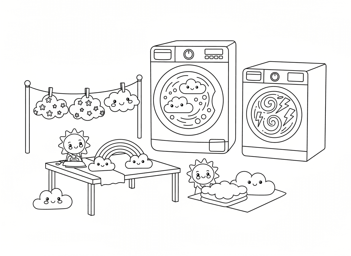 מכבסה של עננים - ענני גשם מתכבסים במכונת כביסה ענקית, ענני שלג תלויים על חבל כביסה להתייבש, ענני רעם במייבש מסתובבים, ענן קשת מגוהץ, ושמשות קטנות מקפלות עננים נקיים