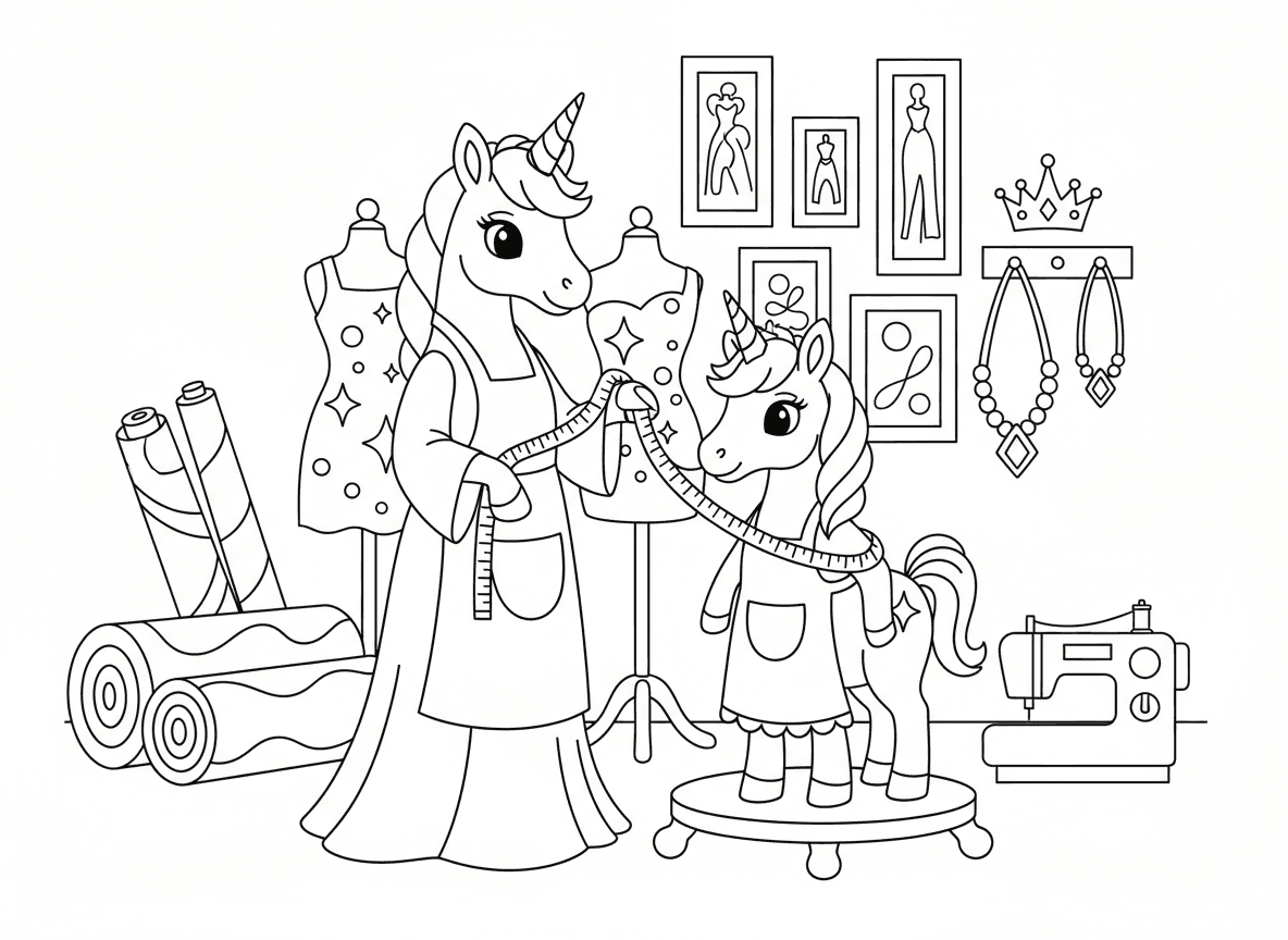 חד קרן מעצב אופנה - חד קרן מעצב אופנה בסטודיו, מודד חד קרן אחר, בובות שמלות עם שמלות נוצצות, גלילי בד, מכונת תפירה, סקיצות על הקיר, אביזרי כתרים