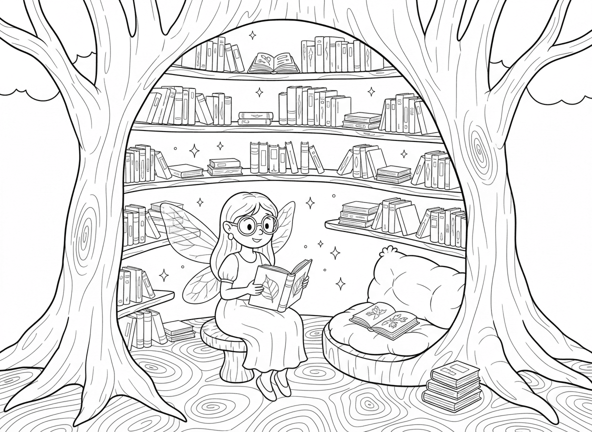 חנות ספרים של פיות בעץ - חנות ספרים של פיות בתוך גזע עץ, מדפים חצובים בקליפה, ספרים זעירים בכל מקום, פייה ספרנית עם משקפיים, פינת קריאה עם כרית טחב, ספר מעלים מיובשים