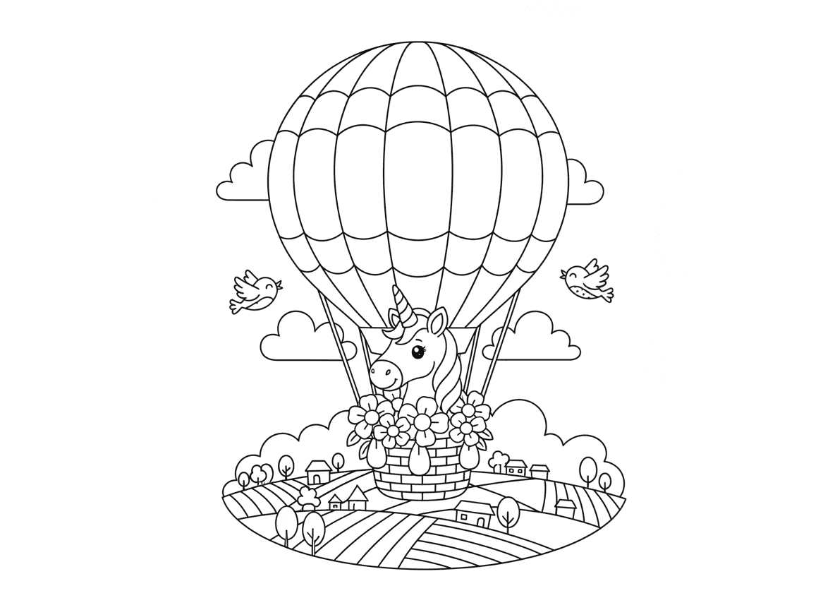 חד קרן בכדור פורח - חד קרן טס בכדור פורח מפוספס בצבעי קשת, קרן בולטת למעלה, עננים בגובה העיניים, ציפורים חברות עפות לצידו, שדות טלאים למטה, סלסלת פרחים