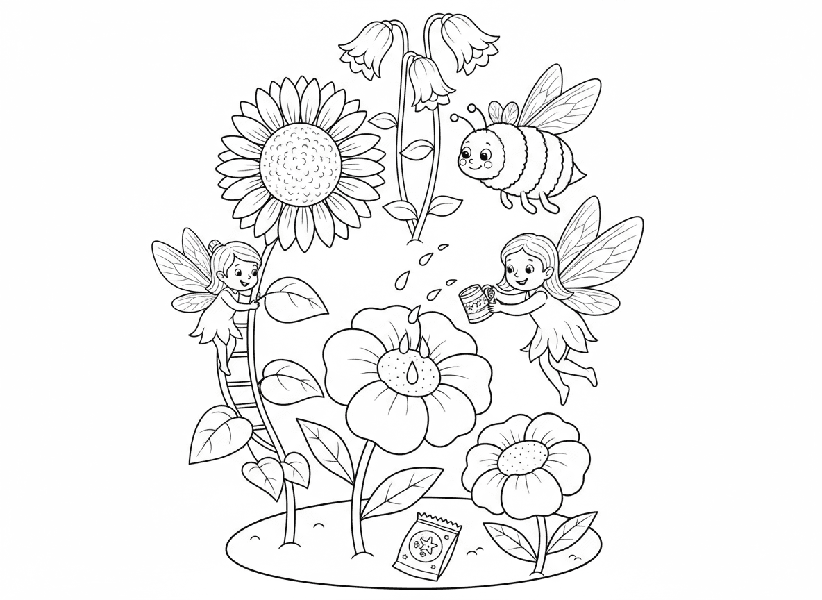 פייה גננת מגדלת פרחים ענקיים - פייה מטפלת בפרחים קסומים שגדלים פי 10 מגודלה, משקה עם אצבעון, מטפסת על גבעולי חמנייה, רוכבת על דבורה להגיע לפריחות גבוהות, חבילת זרעים קסומה