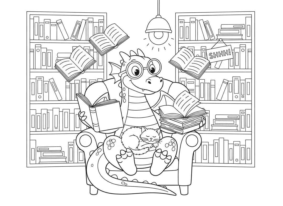 דרקון בספרייה - דרקון יושב בפינה נעימה בספרייה קורא כמה ספרים בו זמנית עם זנב וטפרים, מדפי ספרים גבוהים, משקפיים, מנורת קריאה, חתול ישן על הברכיים, שלט שקט