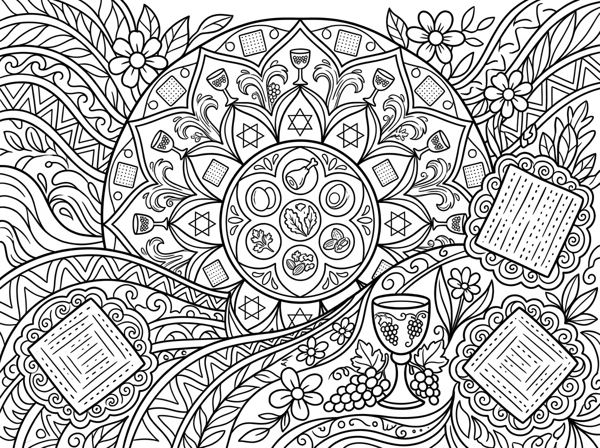 דף צביעה לפסח שיש בו מעין מנדלות לצביעה עבור ילדים בוגרים