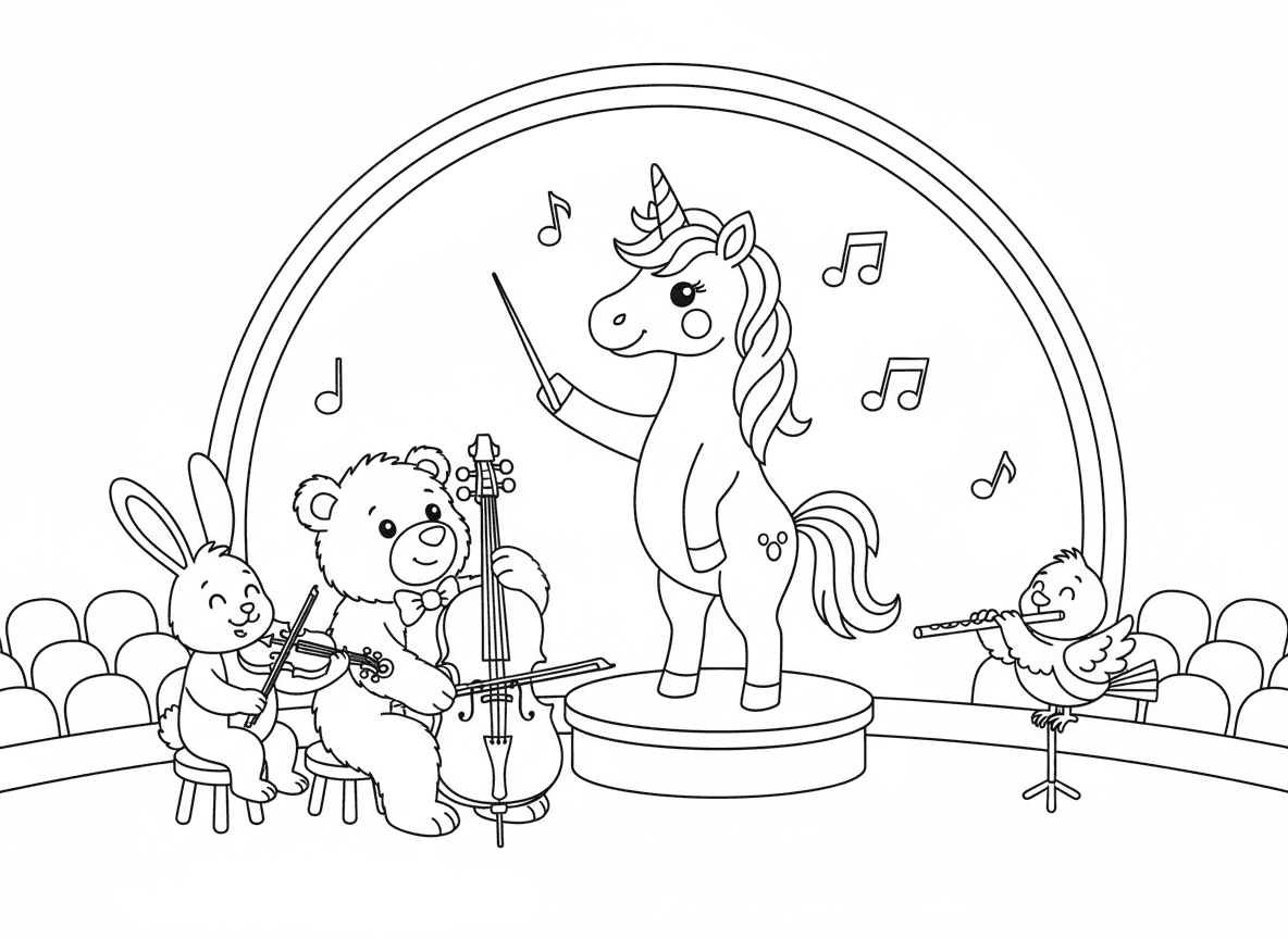 חד קרן מנצח תזמורת - חד קרן מנצח על תזמורת חיות, שרביט ניצוח בפה, עומד על דוכן, ארנבון כינור, דוב צ'לו, ציפור חליל, תווי מוזיקה מרחפים, אולם קונצרטים