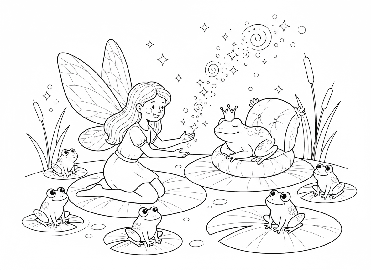 פייה ונסיך צפרדע - פייה מנסה להעיר נסיך צפרדע ישן עם קסם, הצפרדע עם כתר זעיר, כס מלכות שושנת מים, ניצוצות קסומים, בריכה, צפרדעים אחרים צופים בסקרנות