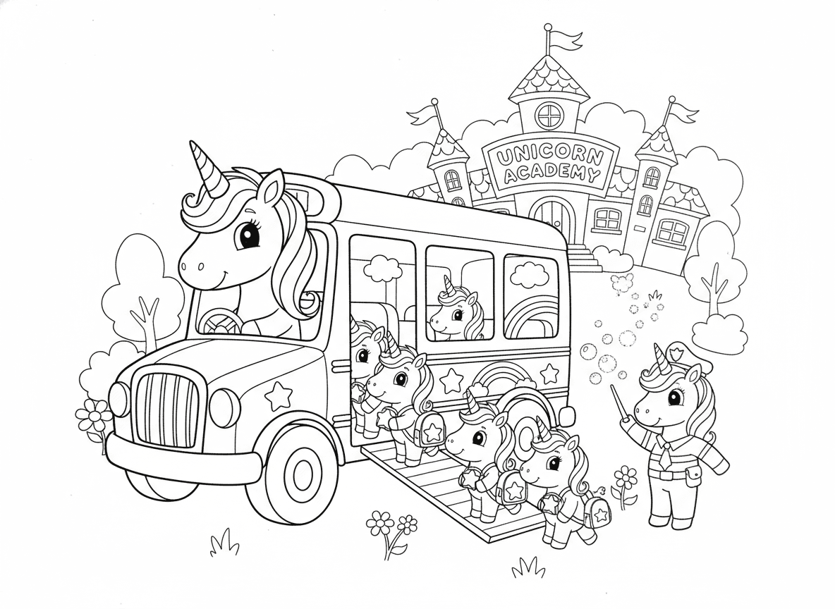 אוטובוס בית ספר של חד קרנים - אוטובוס בית ספר צבעוני מונהג על ידי חד קרן, חד קרנים תינוקות עולים, תיקי גב עם כוכבים, בית ספר ברקע, חד קרן שוטר הכוונה
ללא צבעים