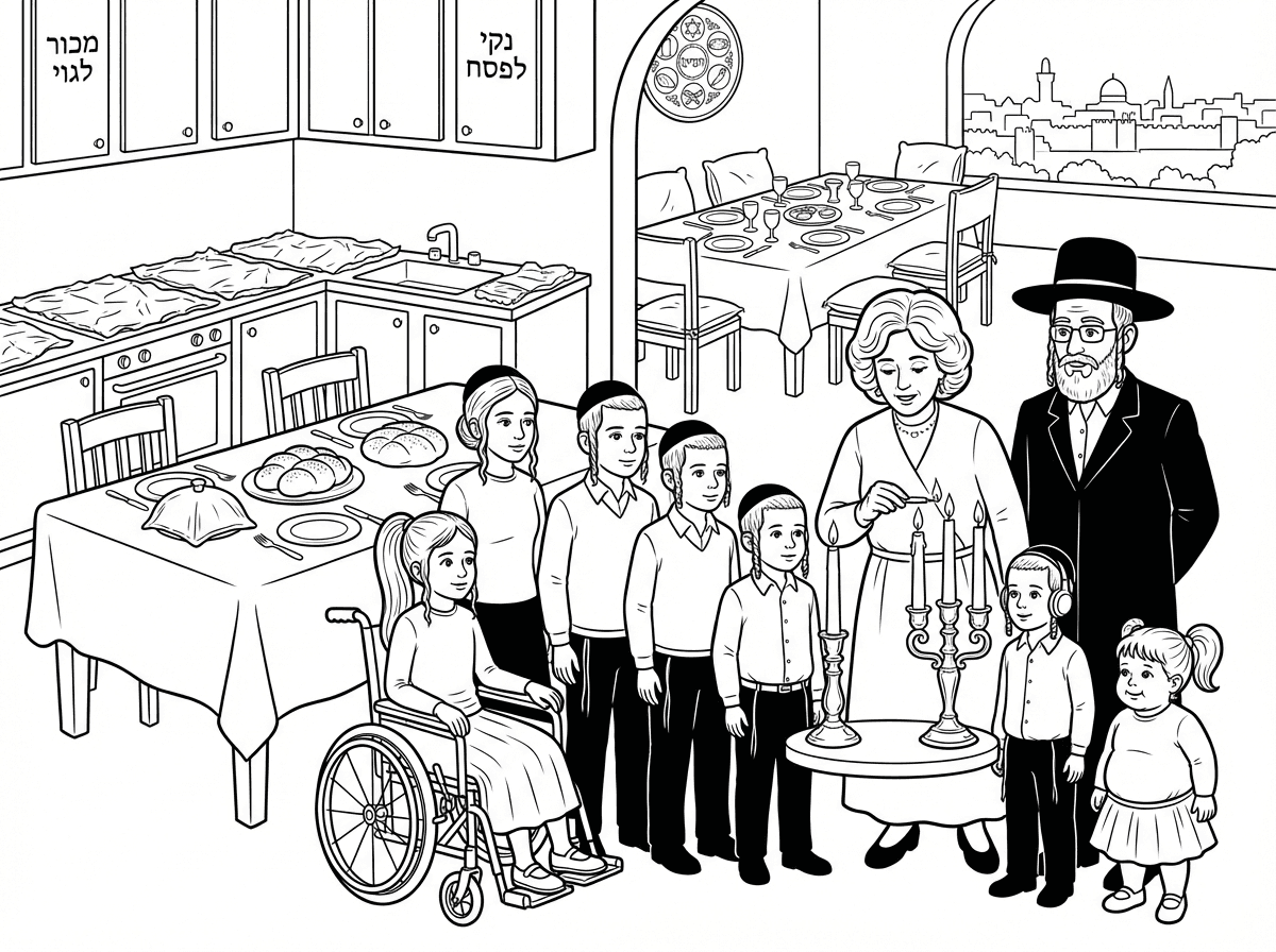 דף צביעה של
משפחת כהן
משפחה חרדית הכוללת הורים ו8 ילדים
האבא עם כובע ישיבתי
ואמא עם פאה נכרית
בחורה בגיל 16
בחור בגיל 14
בחור נוסף בגיל 12.5
ילדה על כסא גלגלים בגיל 12 עם חצאית וקוקו ארוך
ילד בגיל 10
ילד בגיל8
ילד אוטיסט עם אוזניות בגיל 6
ילדה קטנה בגיל 4 שממנה, עם חצאית וקוקו ארוך
ערב שבת הגדול עומדים ליד אמא בהדלקת נרות בצד שולחן עם מקום לכולם בצמצום, עם חלות על השולחן, 
ברקע נראה הבית מסודר כבר לליל הסדר כולל כריות בכסאות וקערת ליל הסדר, מטבח מסודר שיש עם ציפוי ניר כסף, על חלק מהארונות מטבח כתוב מכור לגוי, ועל חלקם כתוב נקי לפסח.
ברקע רואים את העיר העתיקה בירושלים.