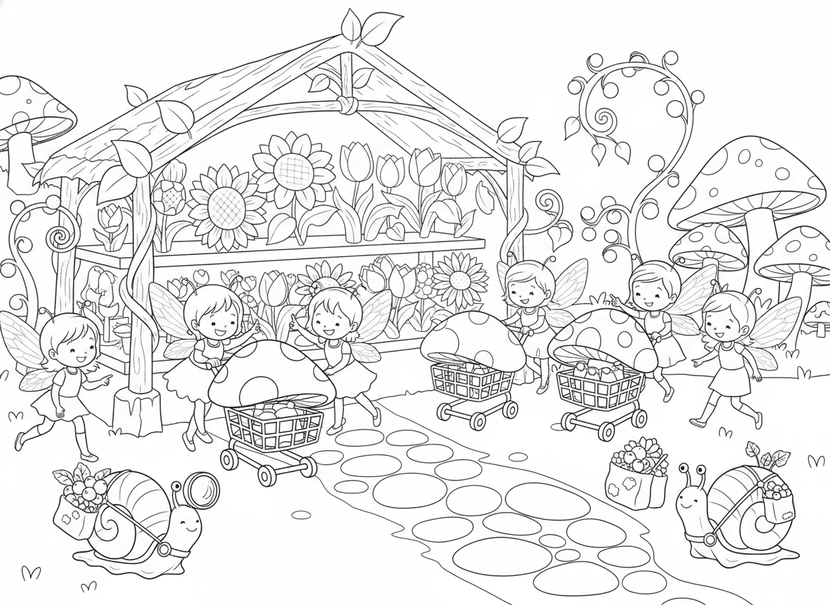 סופרמרקט של פיות
פטריות כעגלות קנייה, פרחים במדפים, וחלזונות קטנים שמובילים משלוחים.