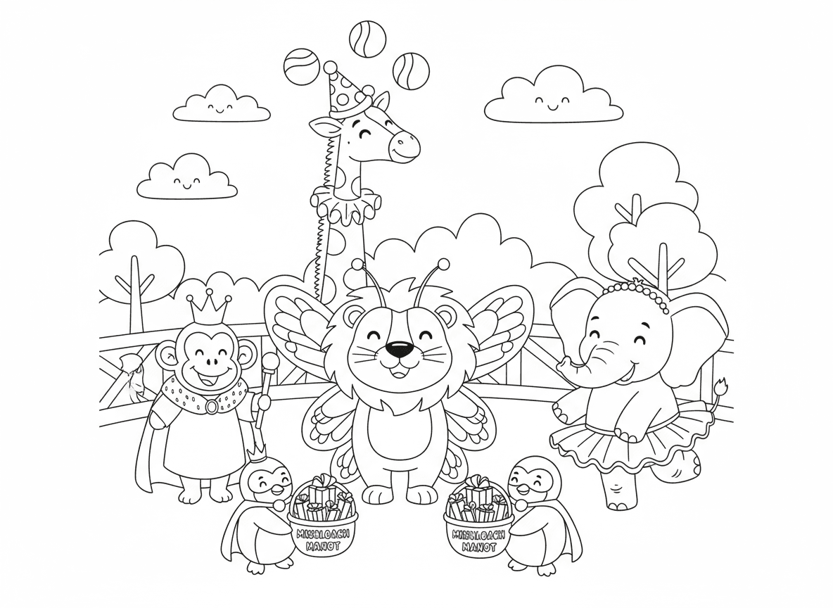 פורים בגן החיות - אריה מחופש לפרפר, קוף לובש תחפושת מלך עם כתר, פיל בחצאית בלרינה, ג׳ירפה מחופשת לליצן עם כובע זעיר, ופינגווינים מחופשים לגיבורי על מחלקים משלוחי מנות