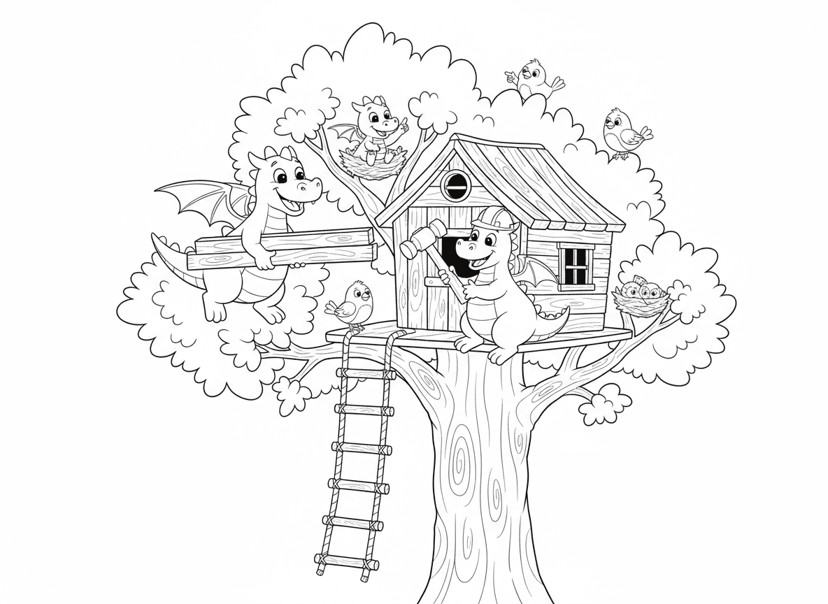 דרקונים בונים בית עץ - דרקונים בונים בית עץ יחד בעץ אלון גדול, דרקון אחד נושא קרשים, אחר מפטיש, דרקון תינוק מפקח מענף, סולם חבלים, ציפורים שכנות צופות