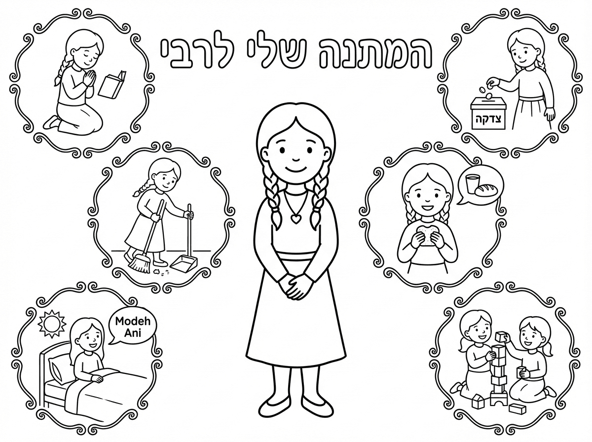 דף צביעה שכתוב
המתנה שלי לרבי
רואים ילדה דתיה באמצע ומסביב תמונות של 
ילדה מתפללת
ילדה נותנת צדקה
ילדה מברכת על האוכל 
שתי ילדות בונות בקוביות
ילדה אומרת מודה אני על המיטה
וילדה עוזרת לנקות את הבית