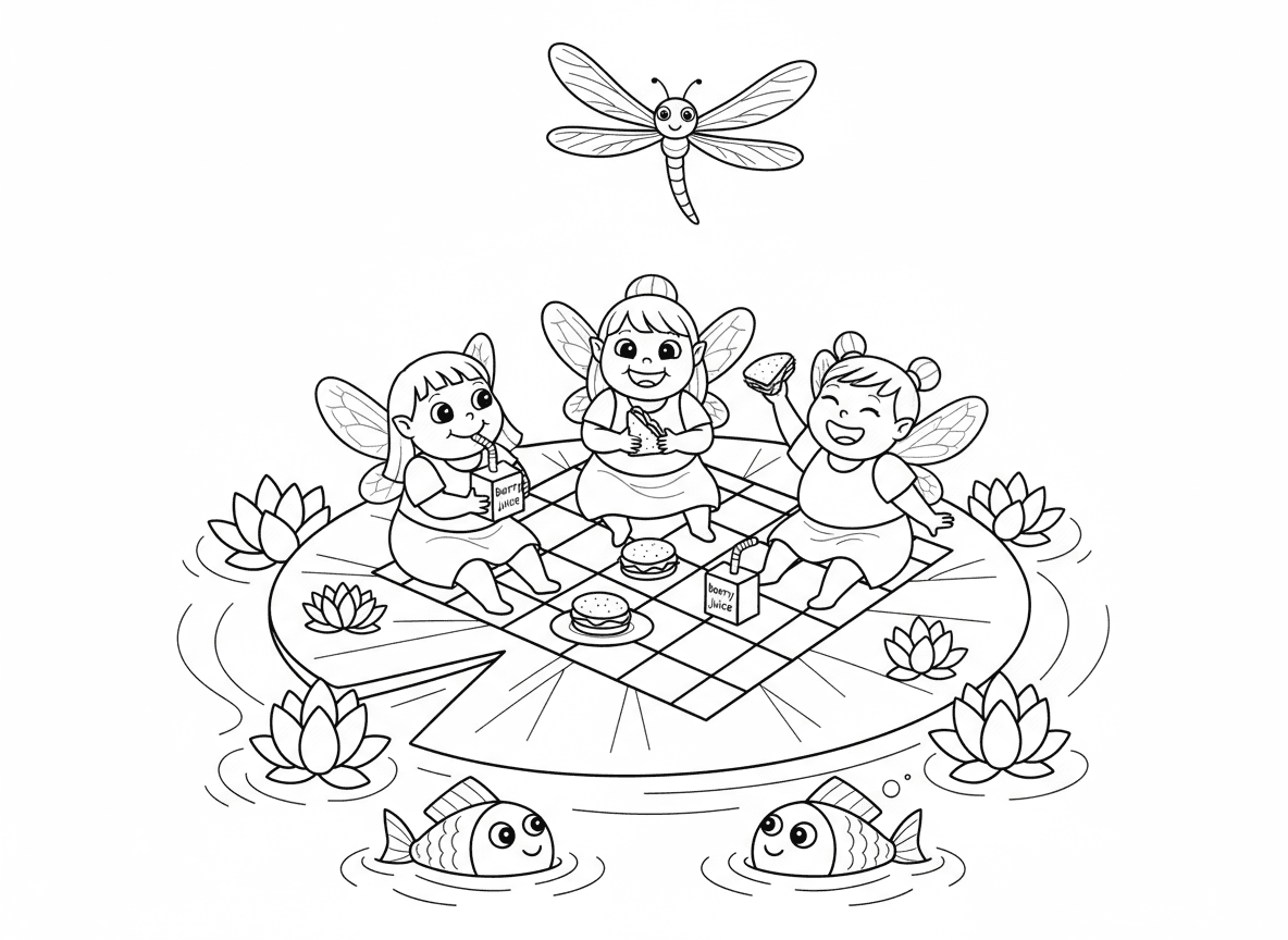 פיקניק פיות על עלה שושנת מים - פיות בפיקניק על שושנת מים ענקית צפה בבריכה, כריכים זעירים, קופסאות מיץ פירות יער, שמיכה משובצת, שפירית מעל, דג מציץ, פרחי מים סביב