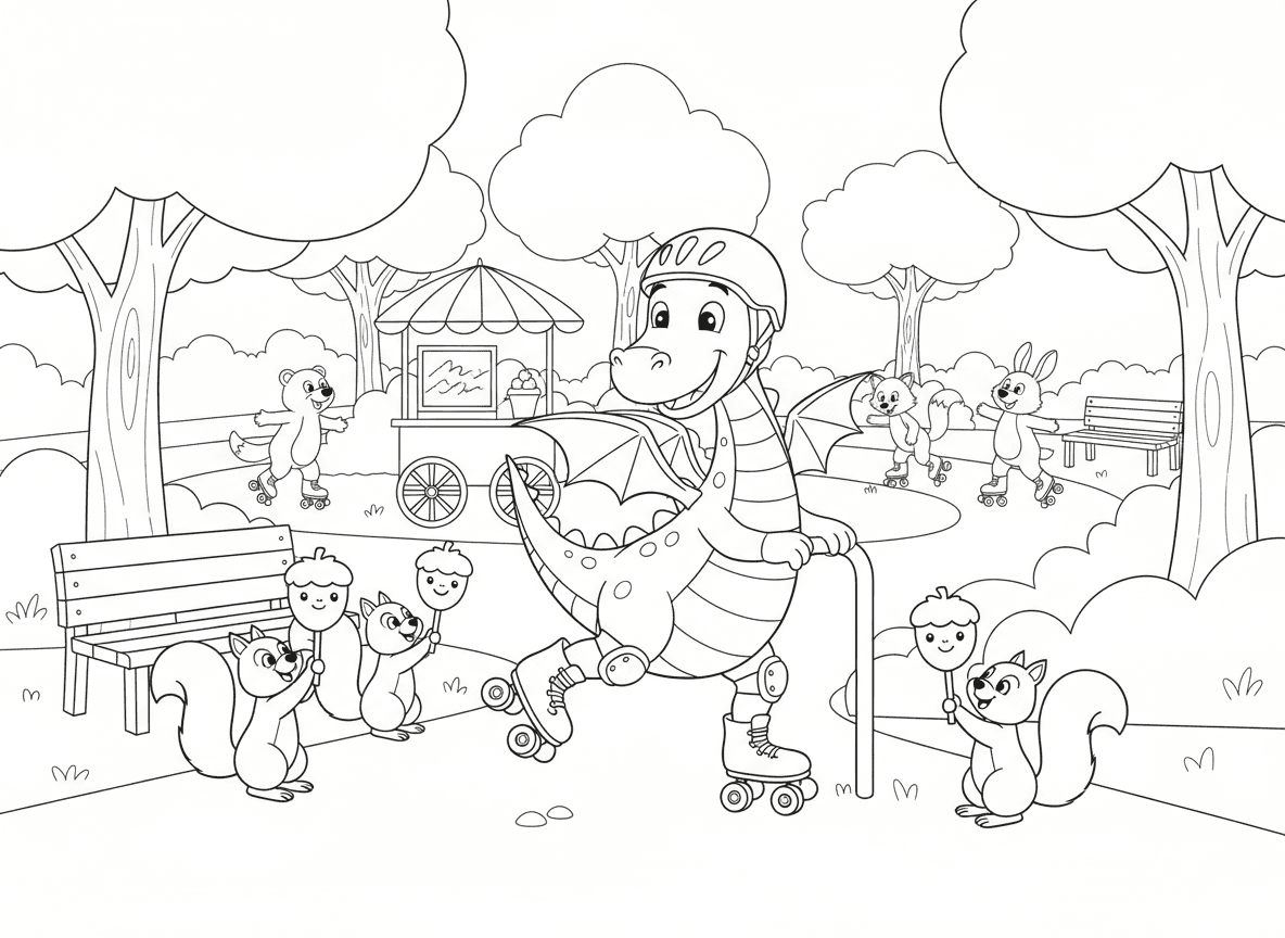 דרקון מחליק על רולרבליידס בפארק - דרקון מחליק על גלגיליות בפארק, מתנדנד קצת, מגני ברכיים וקסדה, סנאים מעודדים, עגלת גלידה בקרבת מקום, חיות אחרות מחליקות, עצים וספסלים