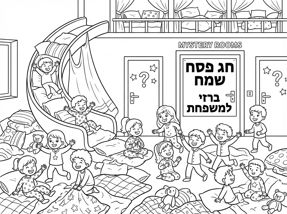 המ דף צביעה של של מסיבת פיג'מות של מלא ילדים וכל צפה יש מלא שמיכות ויש מגלשה כזאת מגניבה ויש מלא מיטות ויש מלא חדרי מסתורין כאלה ועל ועל ועל מן הדלת כתוב חג פסח שמח למשפחת ברזי.