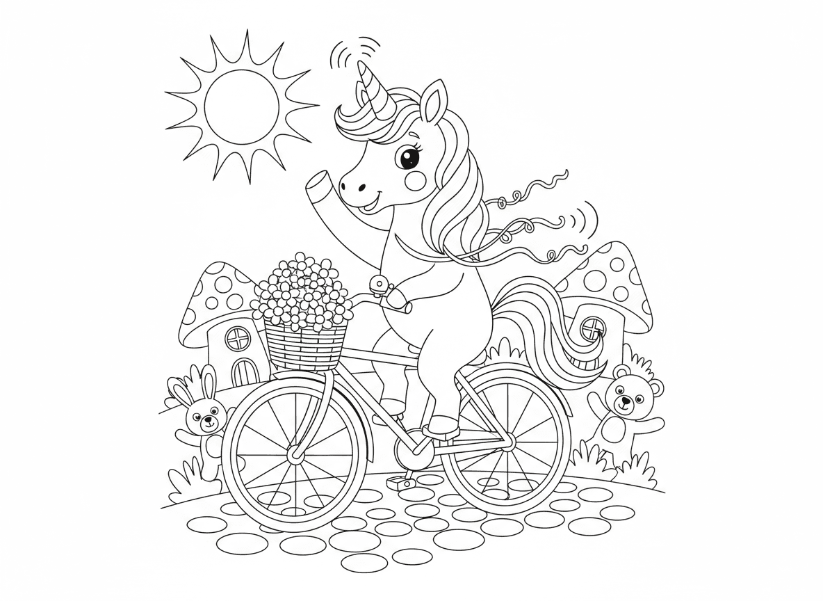 חד קרן רוכב על אופניים - חד קרן רוכב על אופניים עם סלסלת פרחים, פעמון מצלצל, סרטים על הכידון, רוכב דרך כפר, מנופף לחברים, שביל אבני ריצוף, יום שמשי