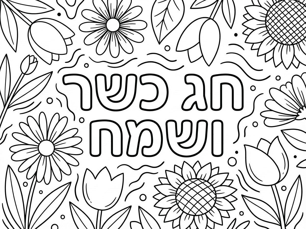 דף צביעה עם הכיתוב חג כשר ושמח באמצע ומסביב פרחים