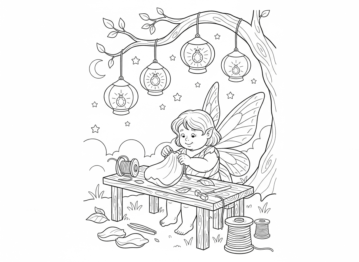 פייה יוצרת פנסים - פייה מכינה פנסים מעלי כותרת ומשי עכביש, תולה אותם על ענפים, כל פנס זוהר באור גחלילית לכוד, סדנה עם כלים, ערב דמדומים