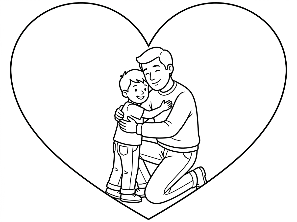 צור בבקשה איור של לב גדול ובתוכו אבא עם בן מחובקים