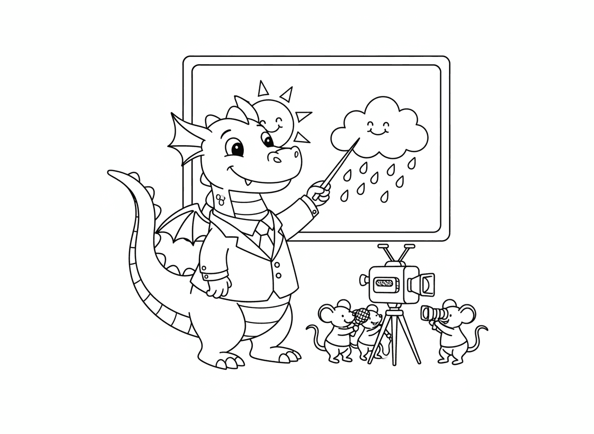 דרקון מגיש מזג אוויר - דרקון כמגיש מזג אוויר בטלוויזיה, מצביע על מפת מזג אוויר עם הזנב, לובש חליפה ועניבה, צוות צילום של עכברים, שמש ועננים על המפה